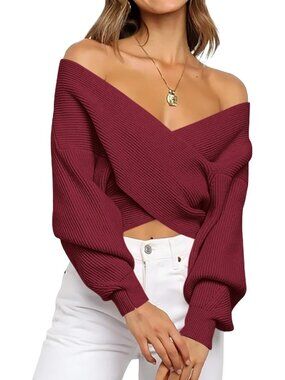 BTFBM Off The Shoulder Sweater Small V Neck Long Sleeve Ribbed Knit Wrap Cropped